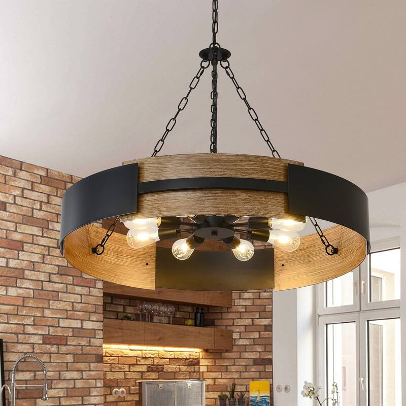 Farmhouse Drum Chandelier Wood Grain Rustic Industrial Round Metal Pendant Light - 35.4"x6.5"x26.6"