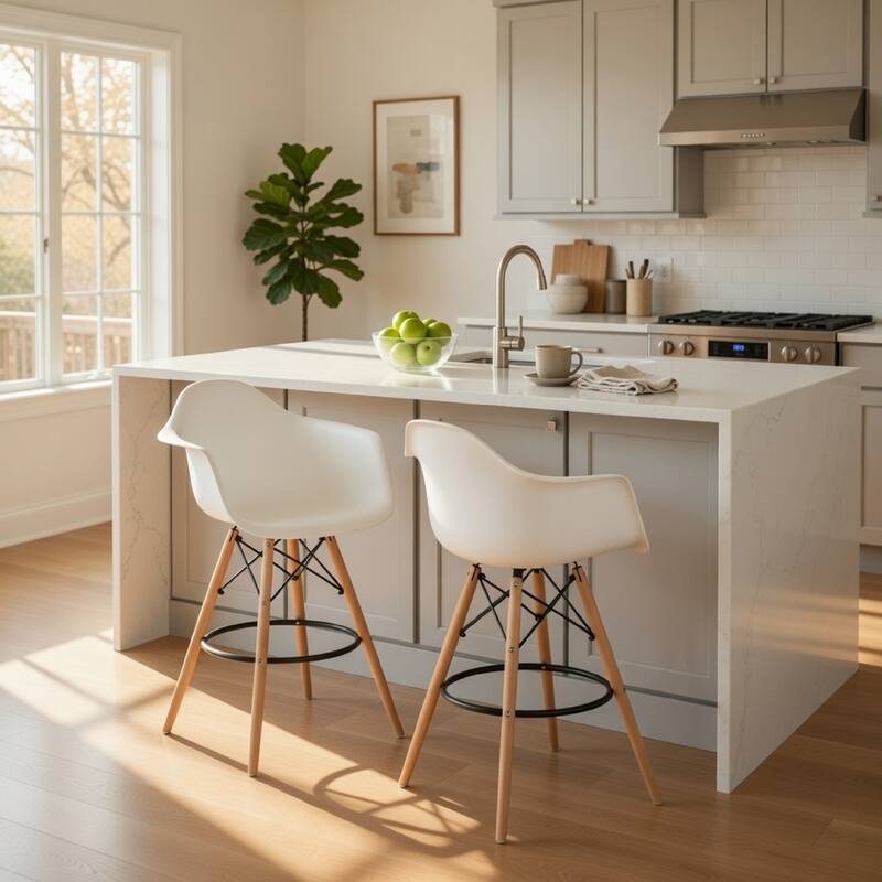 Ben 30 Inch Barstool Chair Set of 2, White Curved Seat, Brown Wood Legs