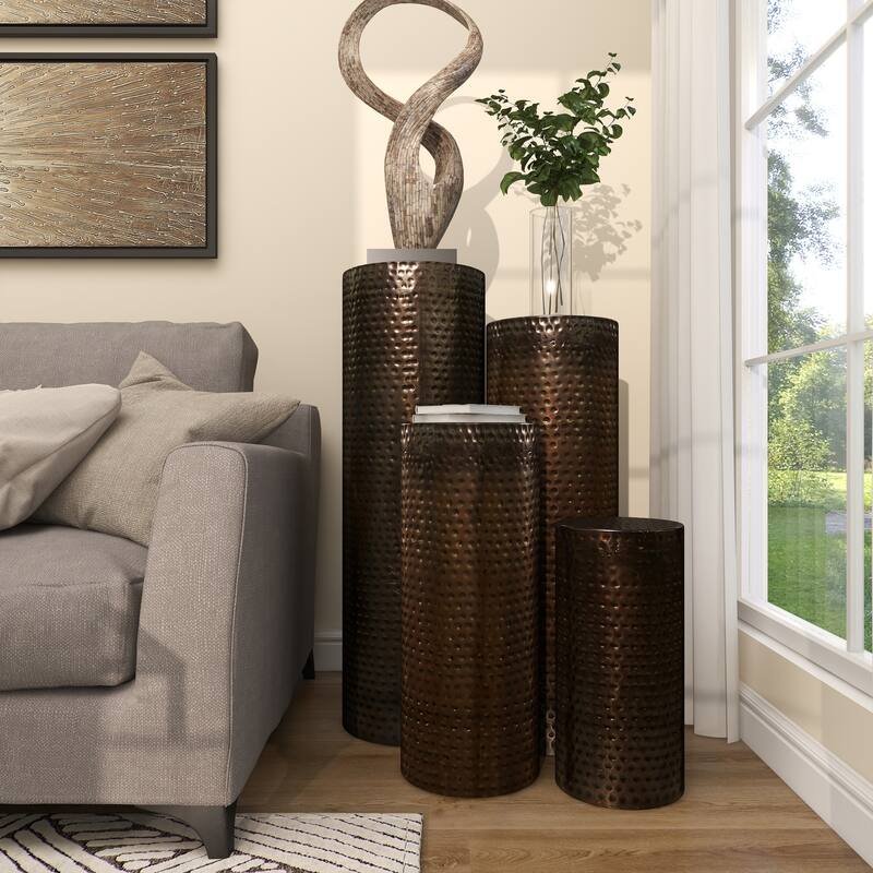 Brown Metal Pillar Style Pedestal Table with Hammered Design (Set of 4)