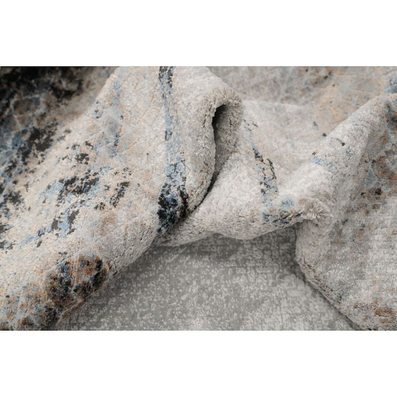 Machine Made Oriental Polyester Carpet Geometric Greys & Charcoal Distressed Area Rug - 7' 5'' X 5' 2''