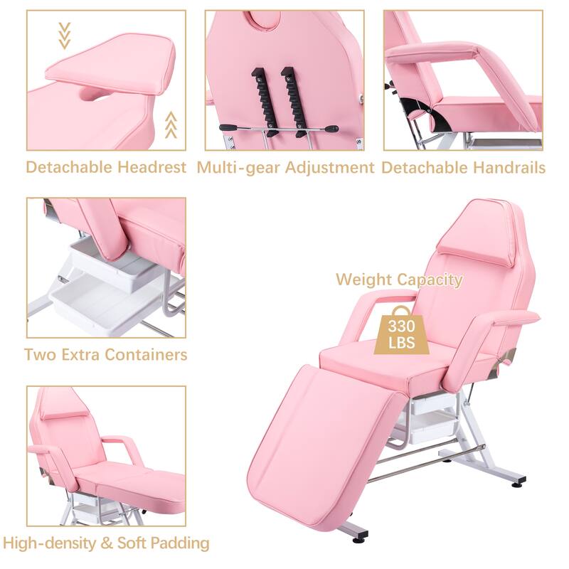Massage Salon Tattoo Chair - 3-Section Adjustable Facial Bed with Two Trays & Hydraulic Stool, Multi-Purpose Spa Equipment