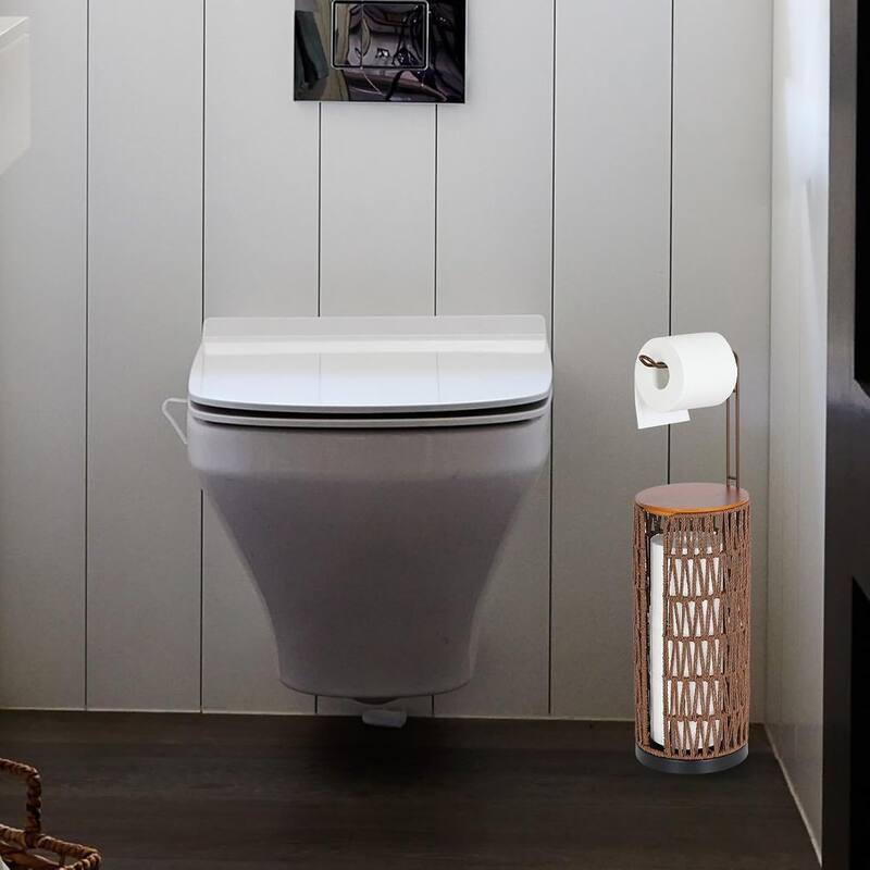 Freestanding Toilet Paper Holder with Storage,3 Rolls of Rattan Tissue Holder,Woven Toilet Paper Roll Holder Stand - Coffee