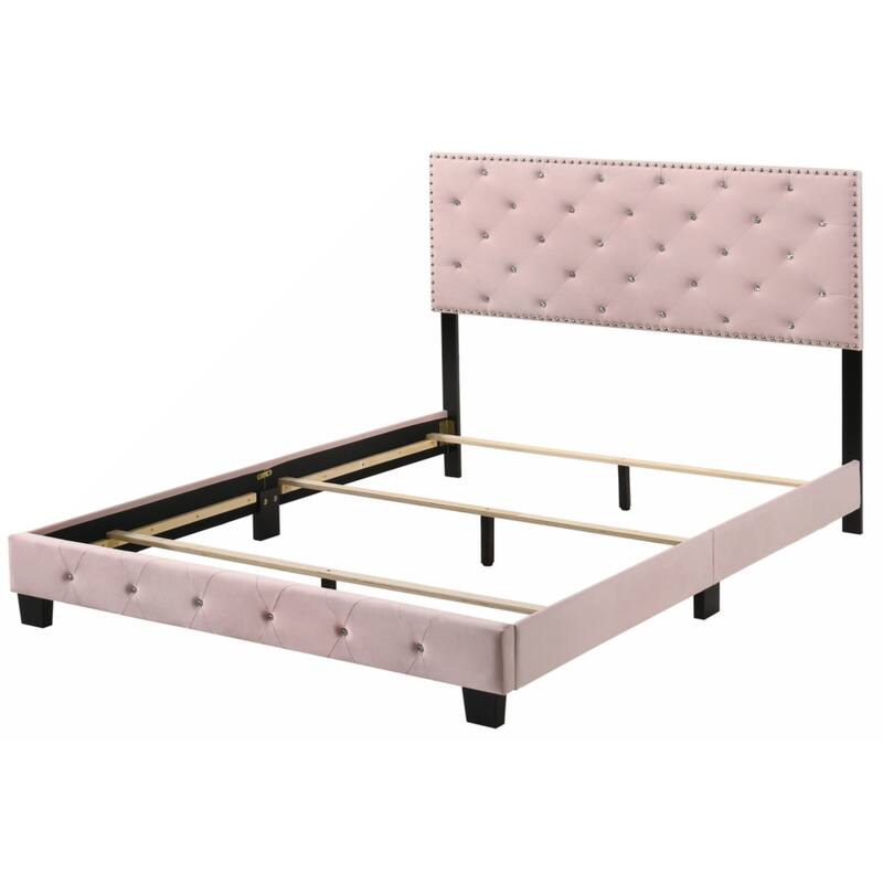 Pink Velvet Platform Bed with Nailhead Trim, Full Size