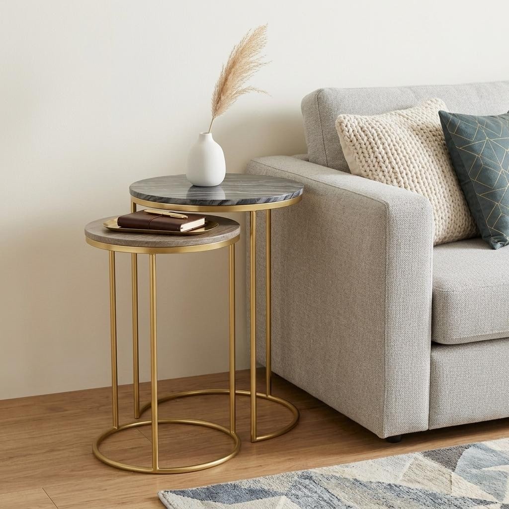 HomeRoots Set of Two Glossy Gray Stone and Gold Marble and Iron Round Nested Tables - 16.00 in. x 24.00 in. x 16.00 in.