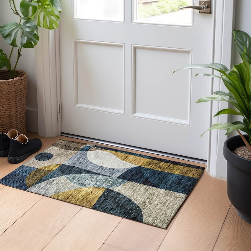 Machine Washable Indoor/ Outdoor Abstract Modern Chantille Rug - Blue - 1'8" x 2'6"