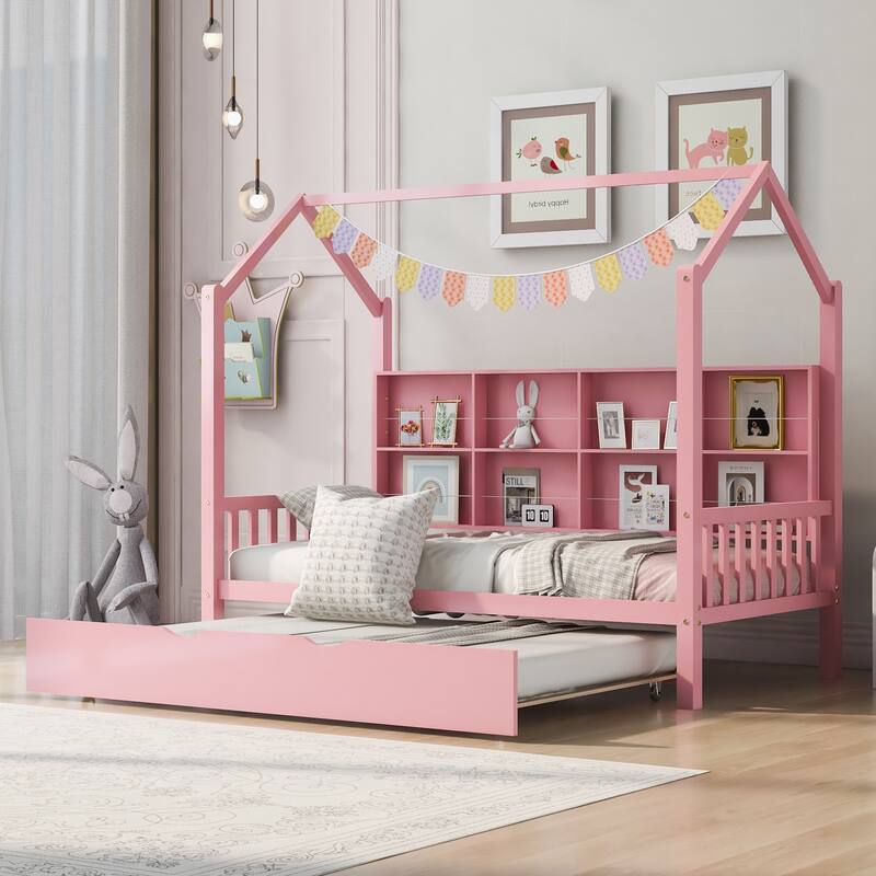 Pine Kids House Platform Bed with Trundle, Shelf, and Roof