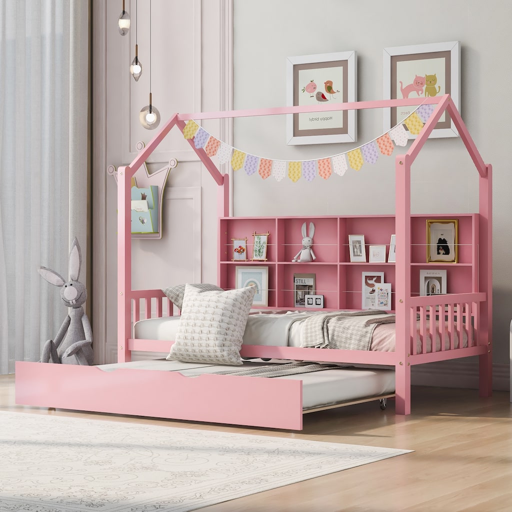 Solid Wood Twin Size House Bed with Additional Twin Size Trundle and Smart Shelf