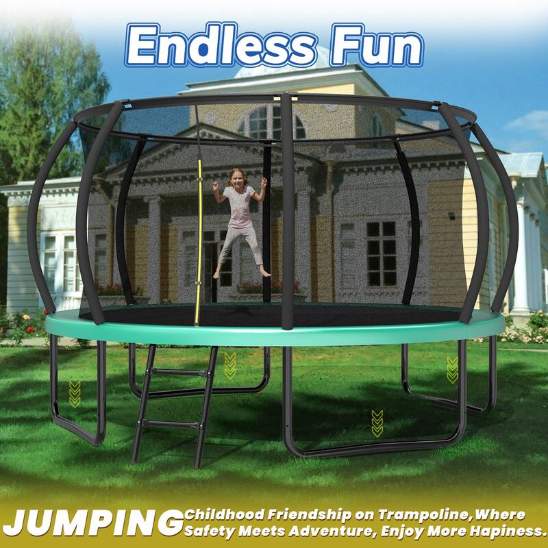 12FT Recreational Kids Trampoline with Safety Enclosure Net & Ladder, Outdoor Recreational Trampolines