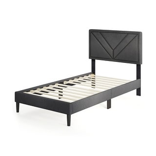 Gray Faux Linen Twin Platform Bed Tufted Headboard Sturdy Design