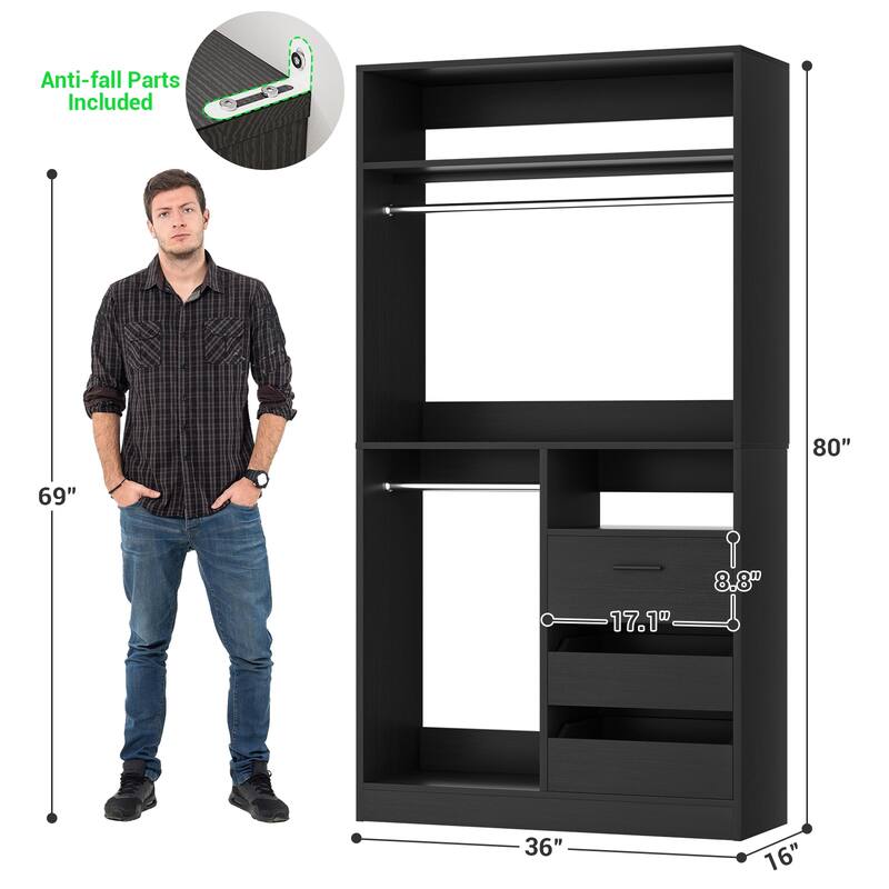 36'' W Freestanding Walk-in Closet Organizer System with 2 Hanging Rods and 3 Wood Drawers