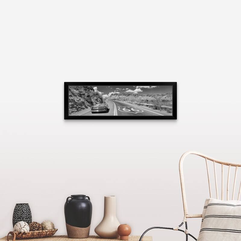 "Vintage car moving on the road, Route 66, Arizona" Black Framed Print - Wood - Landscape - All Seasons - Rectangle - Black - 1 Piece - 36 x 12 - Includes Hardware