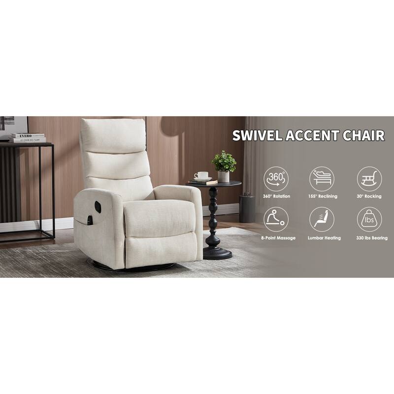 Roomfitters Manual Swivel Rocker Recliner Chair with Heat and Massage Fabric Glider Lounge Sofa for Living Room