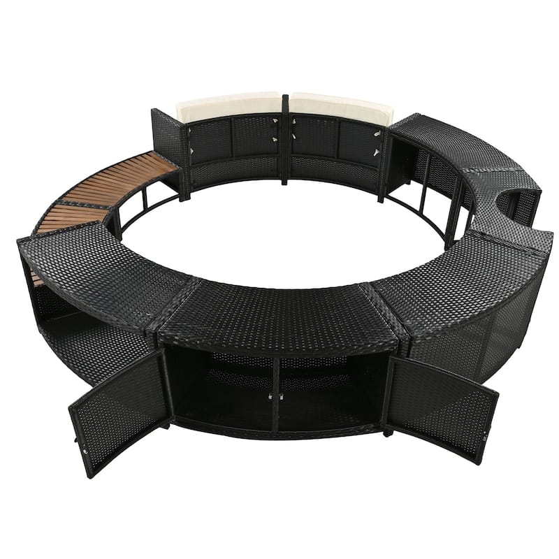 Outdoor Surround Spa Sofa Set with Storage Spaces, Mini Sofa and Cushions, All Weather Round Sectional Sofa, Free Combination