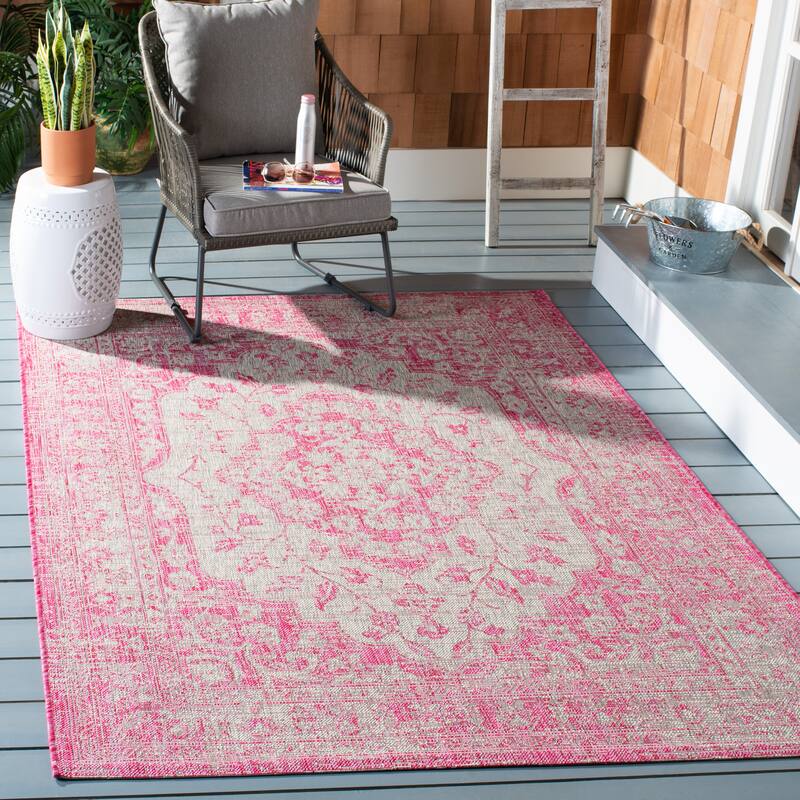 SAFAVIEH Courtyard Jyoti Indoor/ Outdoor Waterproof Patio Backyard Rug - 2'7" x 5' - Fuchsia/Grey