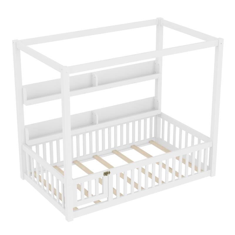 Roomfitters Canopy Floor Bed with Guardrails and Shelves, Solid Wood Montessori Frame