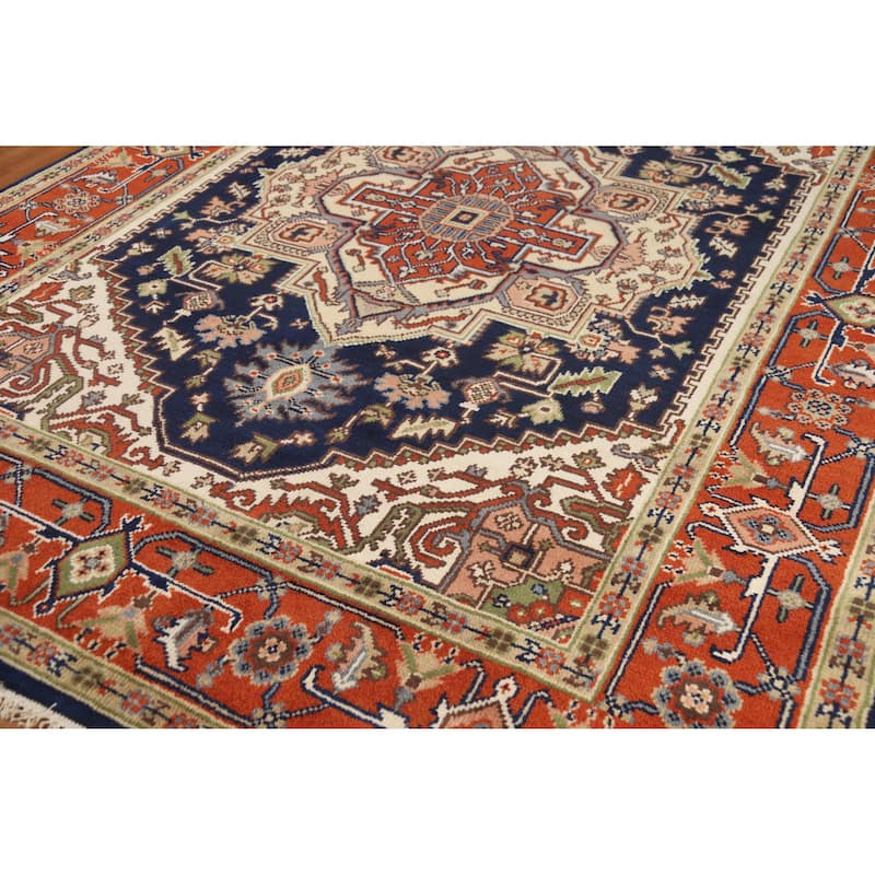 Hand Knotted Oriental 100% Wool Carpet Traditional Medallion Navy Blue & Blues Heriz (serapi) Area Rug - 10' 0'' X 7' 11''