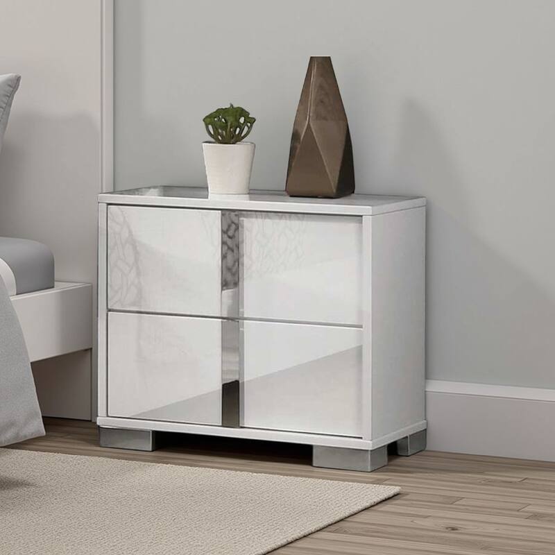 Suni Nightstand, Glossy White Wood with UV Finish, 2 Drawers, 24 Inch