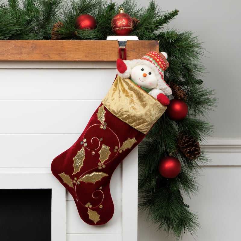 20.5-Inch Velvet Gold and Maroon Etched Cuff Christmas Stocking