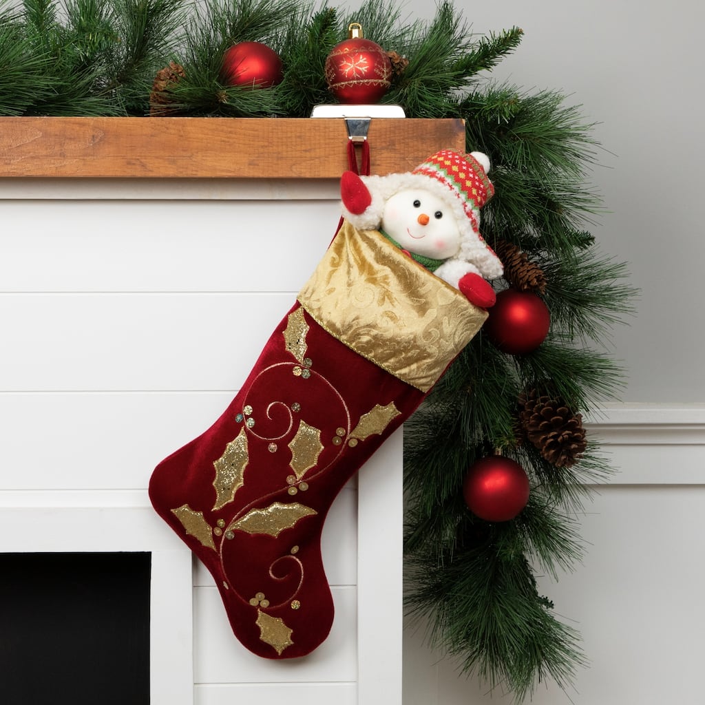 20.5-Inch Velvet Gold and Maroon Etched Cuff Christmas Stocking