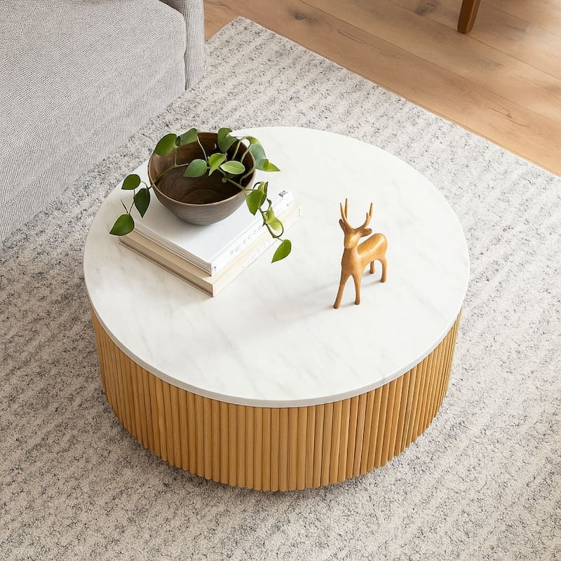 INK IVY Layana Faux White Marble Round Coffee Table with Storage - 35.5" x 17"H