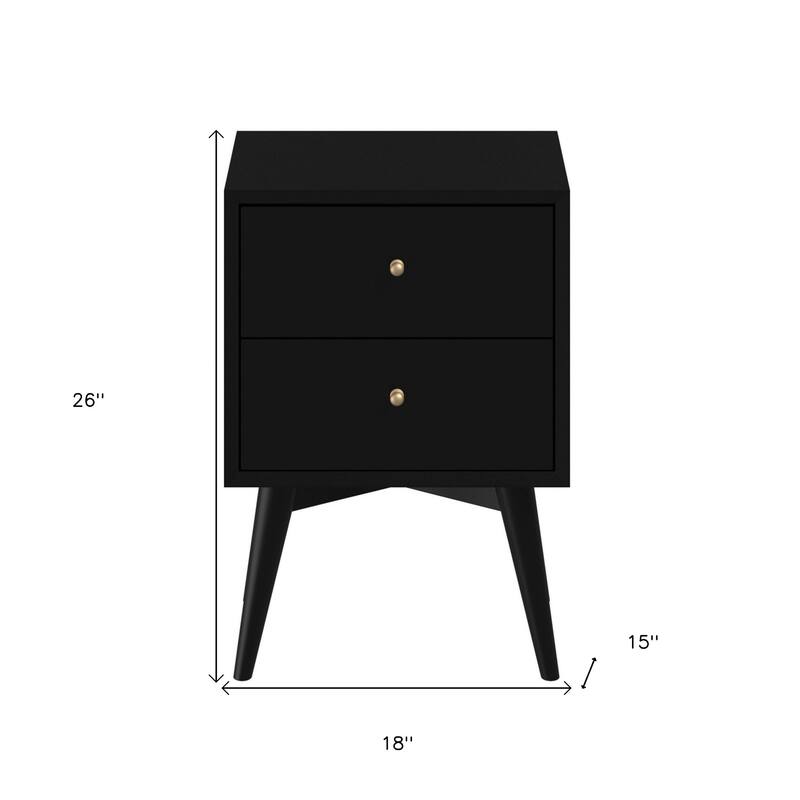 Black Solid Wood 2-Drawer Square Nightstand with Metal Accents and Legs