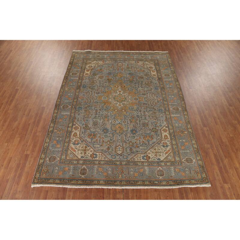 Grey Geometric Tabriz Vintage Persian Area Rug Handmade Wool Carpet - 8'1" x 11'3"