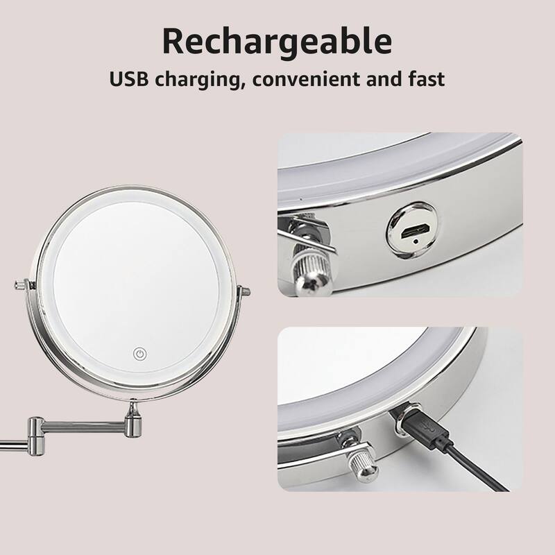 Yulika Rechargeable Lighted Wall Mounted Makeup Mirror with 3 Color Lights Double Sided 1X/10X or 1X/7X