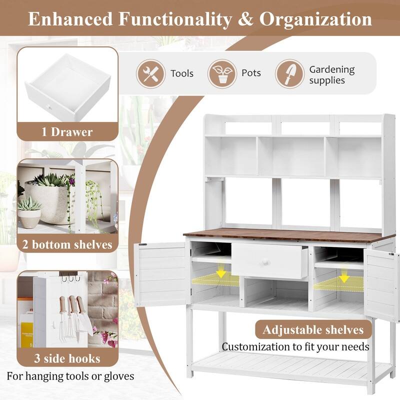 Potting Bench Garden Workstation with Hutch, Drawer & Adjustable Shelves, 50.2x19.7x66.1 Inch Outdoor Garden Work Table