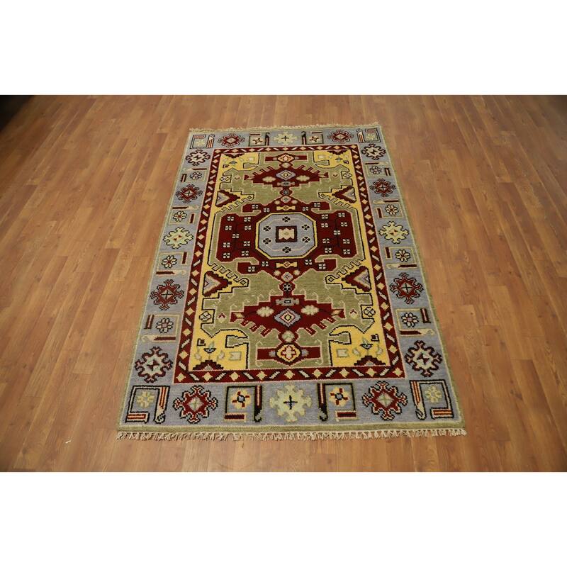 Hand Knotted Oriental 100% Wool Carpet Traditional Geometric Green Kazak Area Rug - 6' 0'' X 4' 0''