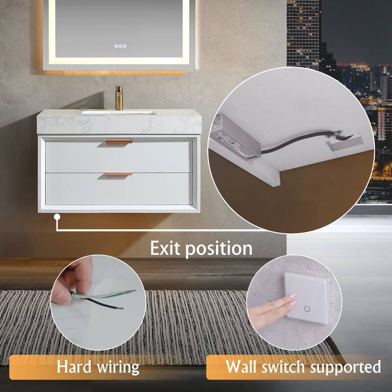 36/48/60 Modern Floating Bathroom Vanity with Sinle/Double Sink & Soft-Close Drawers & LED Lighting & Waterproof, White