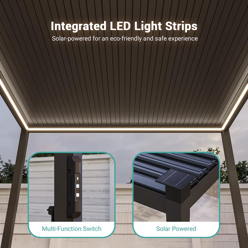 BONOSUKI Outdoor Aluminized Steel LED Louvered Pergola with Adjustable Roof, Brown