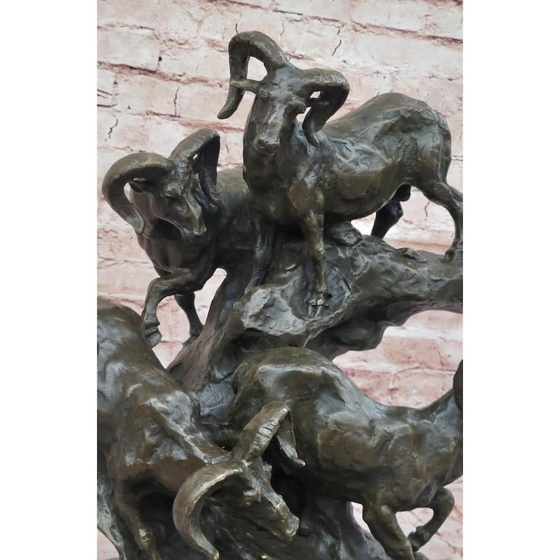 Dynamic Bronze Sculpture Of Rams On Rocky Outcrop – Wildlife Scene On Marble Base