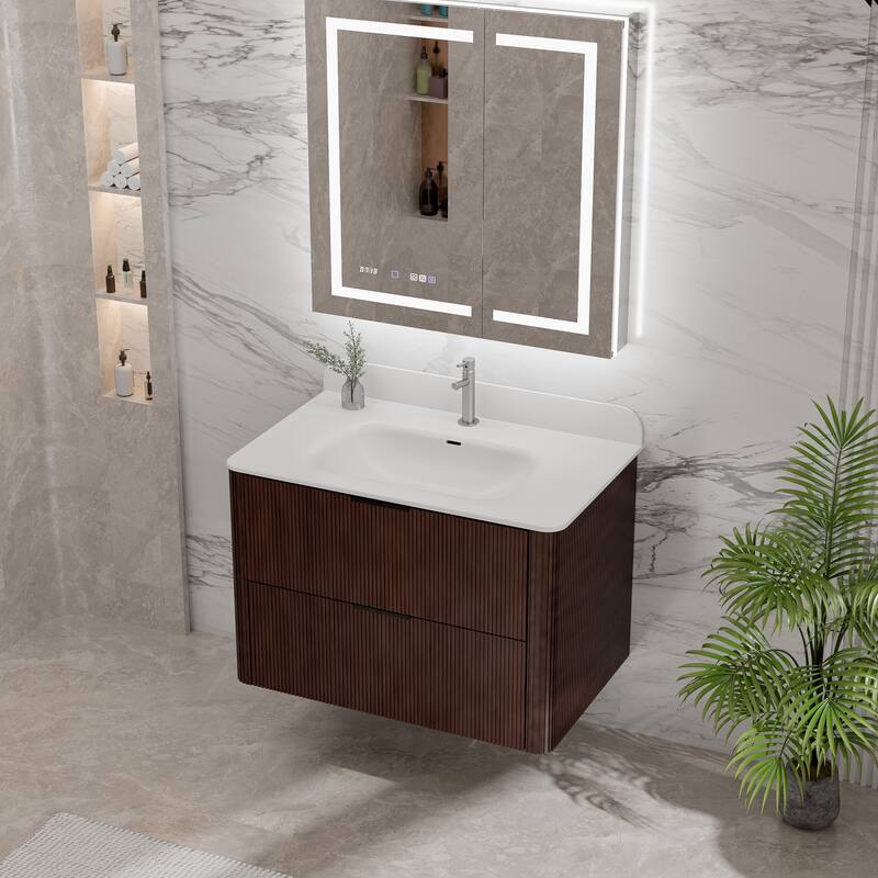 Modland Fluted Floating Vanity with Sink, Plywood Wall Mount Cabinet, Curved Edge, 24/30/36 Inch