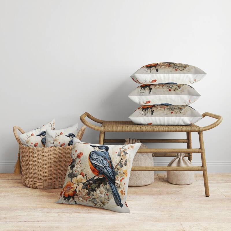 Feathered Floralscapes Faux Suede Reversible Throw Pillow Orange and Blue