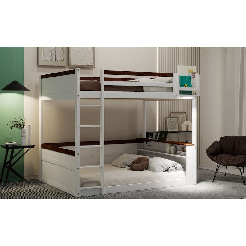 Queen Wooden Bunk Bed with Storage Shelves LED Light USB Charging Station