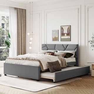 Queen Size Upholstered Platform Bed with Twin XL Size Trundle
