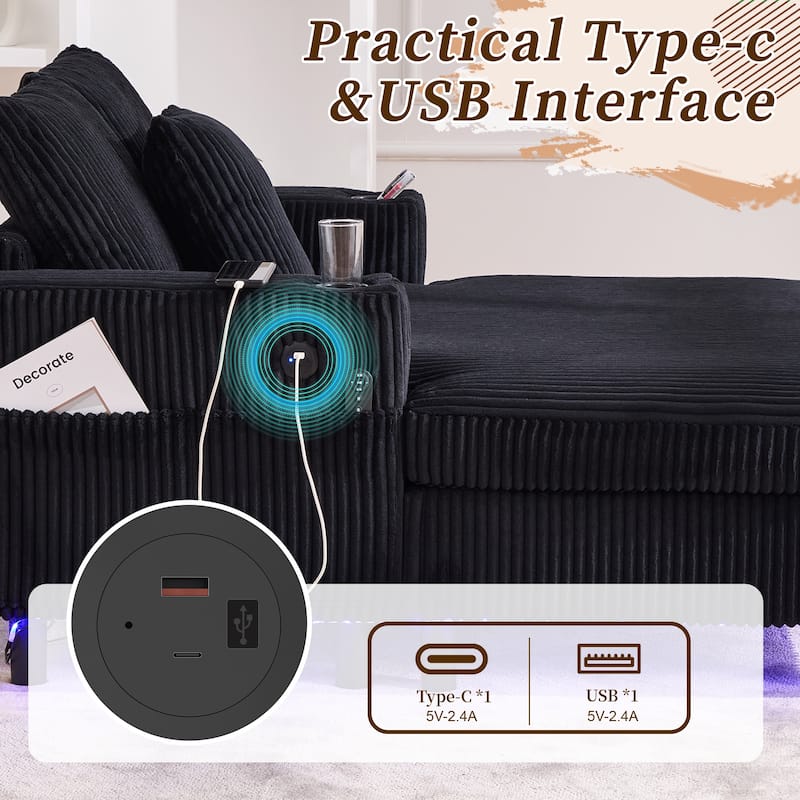 Corduroy Recliner Sofa - Oversized Deep Seat with USB, RGB Lights, Cup Holder & Side Pocket - Living Room, Bedroom