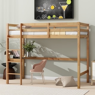 Twin High Loft Kids Bed with Rubber Wood Frame, Built-in Desk, Safety Guardrails & Ladder for Bedroom, Easy Assembly, White Oak