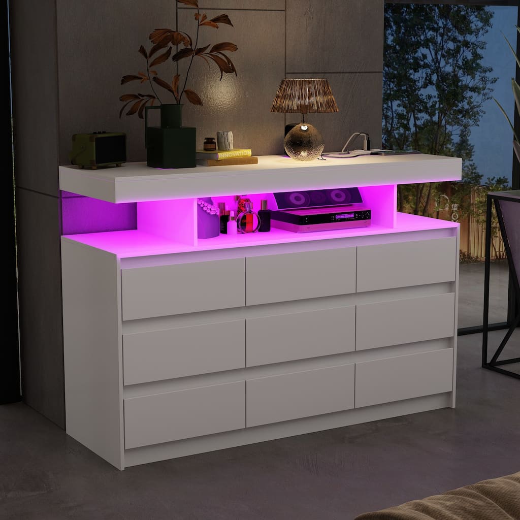 Modern 9-Drawer Dresser with RGB LED Lights and Built-in Power Strip - White Storage Chest