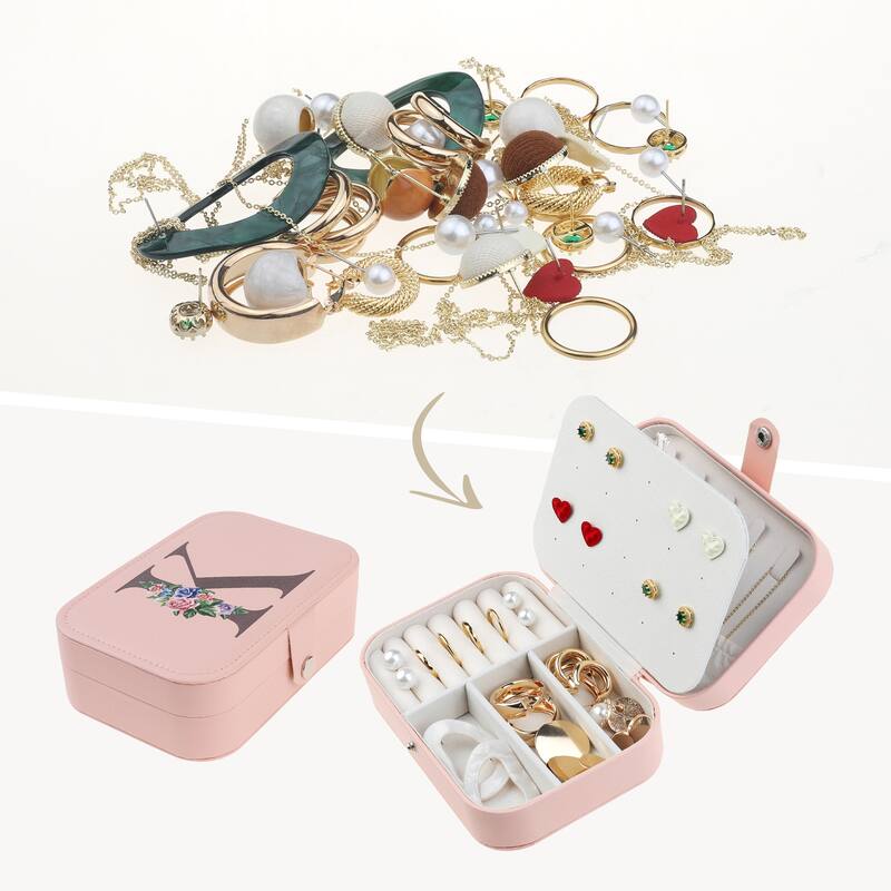 Letter Travel Jewelry Box for Girls Women Gifts, Portable PU Leather Jewelry Organizer Case Storage Display Holder - Pink - K