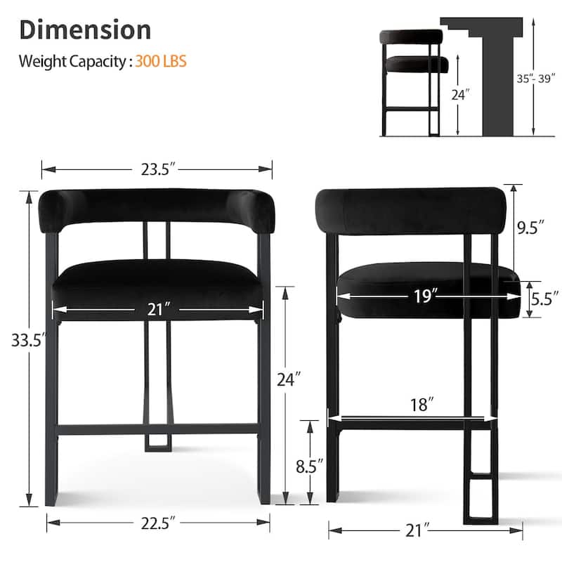 24" Seat Height Upholstered Velvet Solid back Counter Stool (Set of 4)
