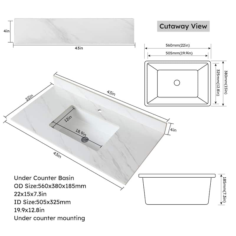 43" Marble Vanity Top with 1 Pre-drilled Faucet Holes, Undermount Sink