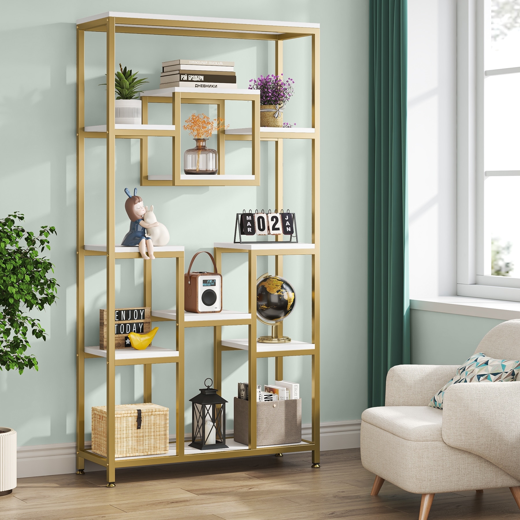 Modern 71Inch Tall Bookcase Bookshelf Geometric Etagere Book
