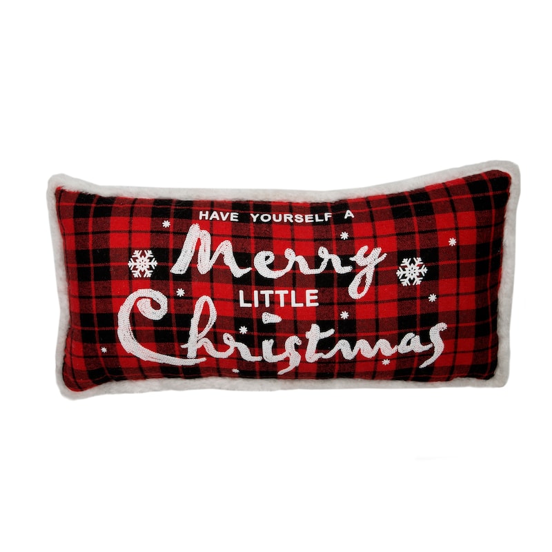 Merry Christmas with Faux Fur Trim Christmas Check Pillow, 10 by 20-Inch