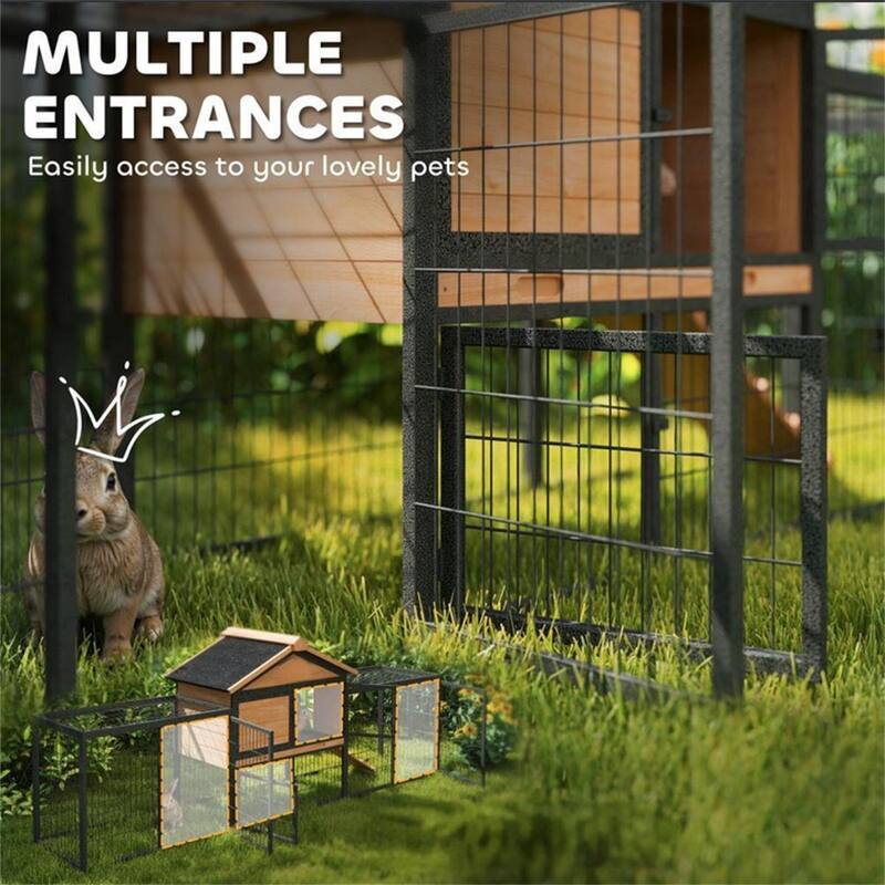 Large Wooden Bunny Hutch with Steel Run Box and Weather-Resistant Roof Multiple Doors - 85.4" W x 20.9" D x 33.9" H