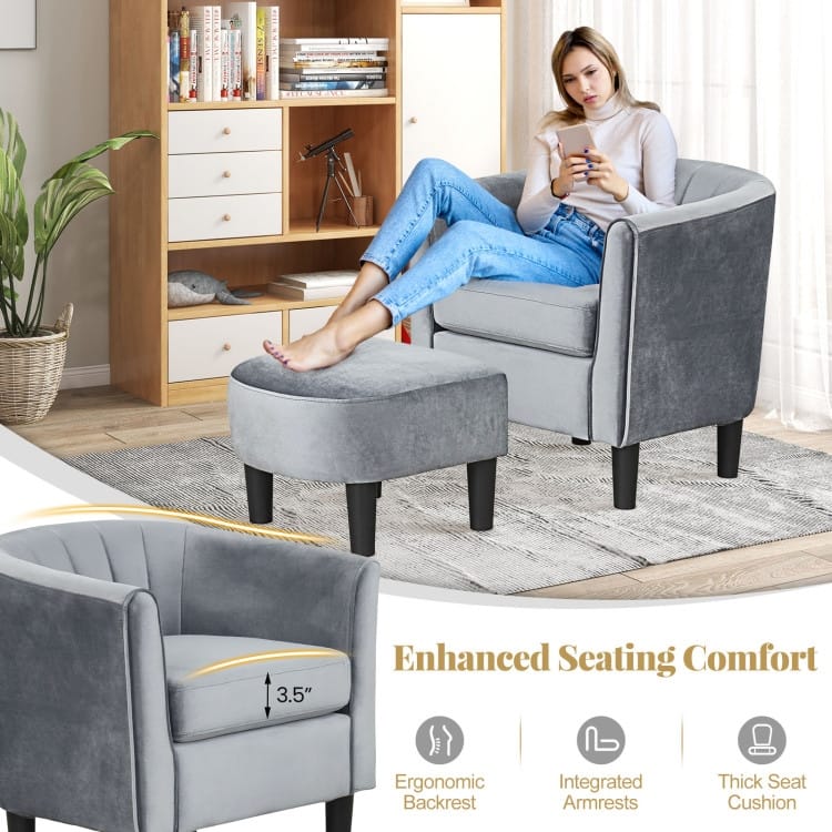 Modern Velvet Barrel Armrest Lounge Chair with Ottoman and Washable Cushion for Bedroom or Living Room