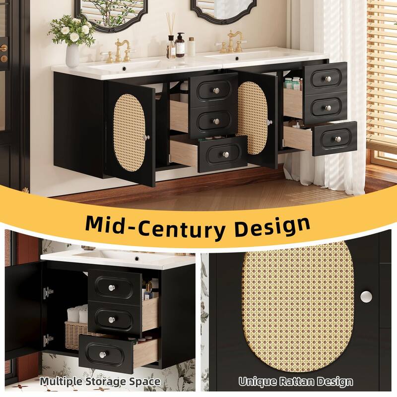 30" Bathroom Vanity with Ceramic Sink, Mid-Century Bathroom Vanity Cabinet with 2 Drawers