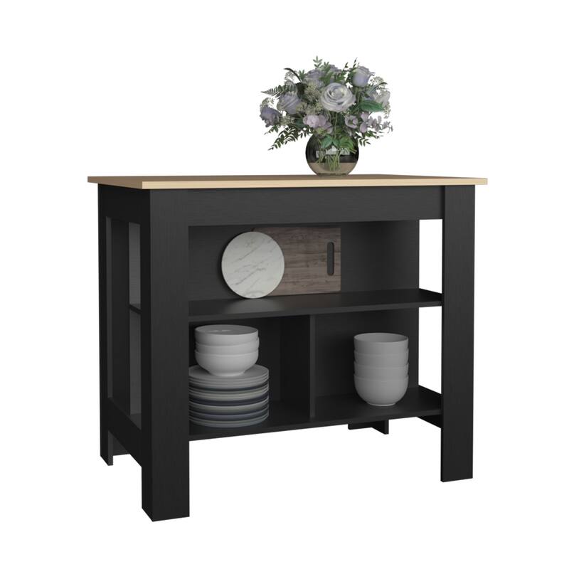 Spacious Kitchen Table Island, 3 Shelves, 35" High, Black & Light Oak Finish