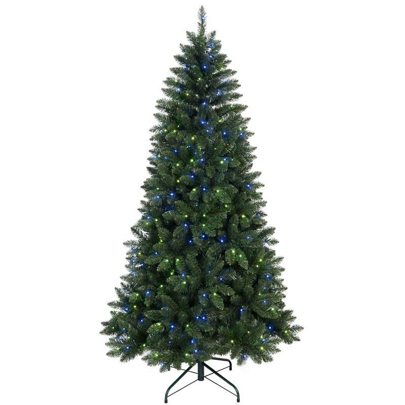 Smart Pre-Lit Christmas Tree - WiFi-Controlled RGB LED Lights, Music Sync, Hinged Structure, Metal Stand - Green