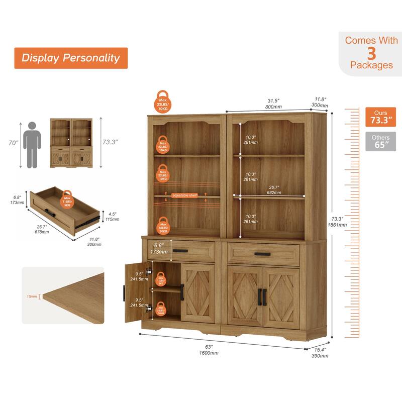 5 Tier Bookcase with Barn Door,73.3" Tall Open Storage Bookshelf